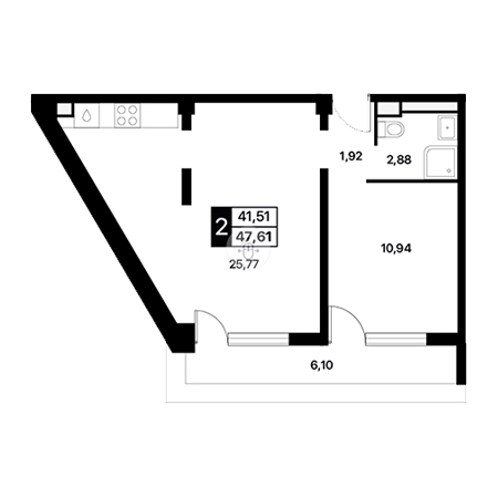 1 комнатная 47.61м²