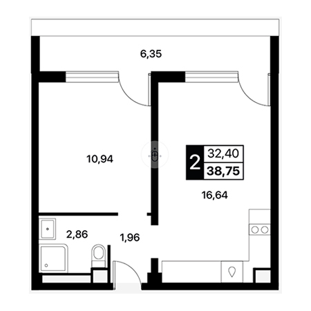 1 комнатная 38.75м²