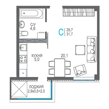 Студия 31.7м²