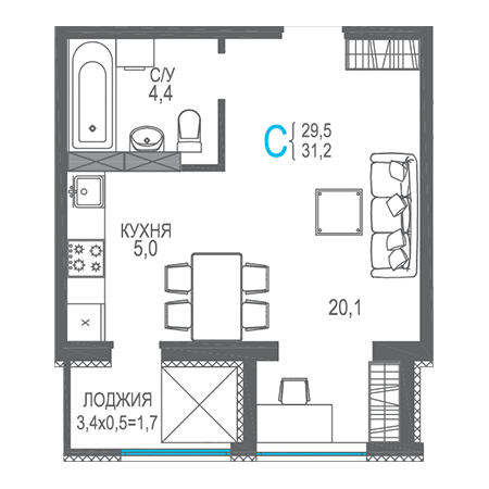 Студия 31.2м²