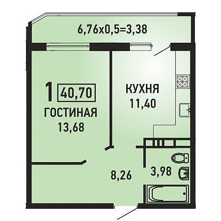 1 комнатная 40.7м²