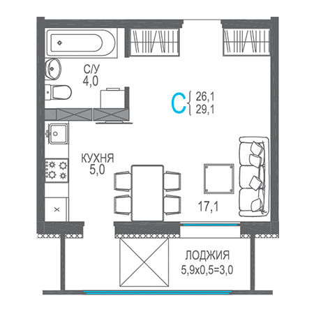 Студия 29.1м²