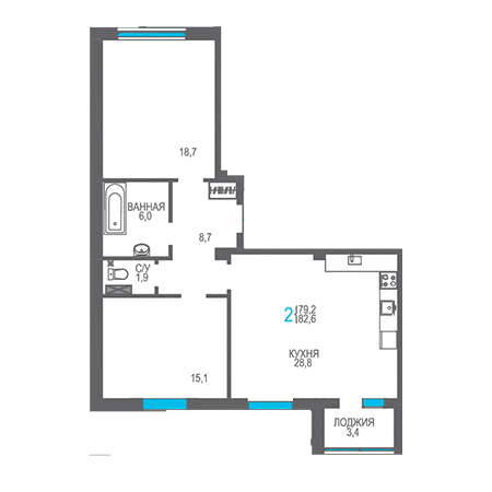 2 комнатная 82.6м²