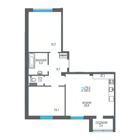 2 комнатная 82.6м²