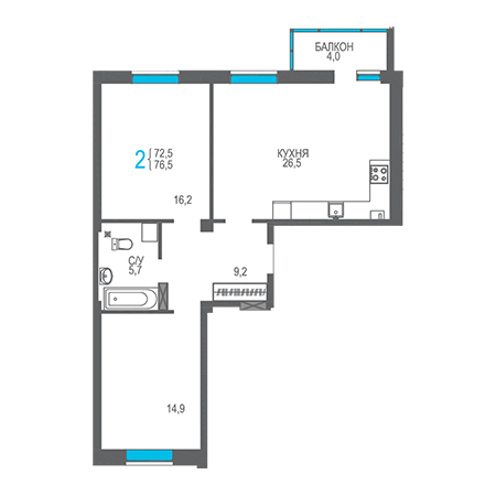 2 комнатная 76.5м²