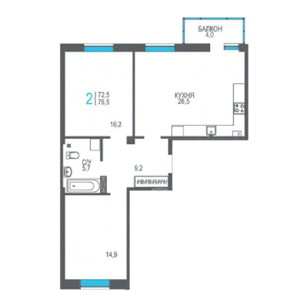 2 комнатная 76.5м²