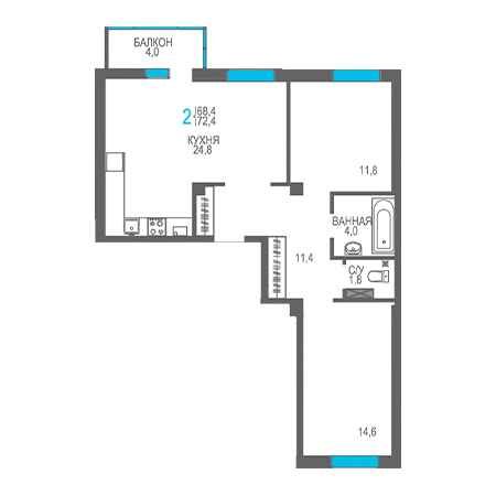 2 комнатная 72.4м²