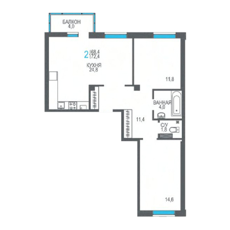 2 комнатная 72.4м²