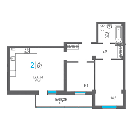 2 комнатная 72.2м²