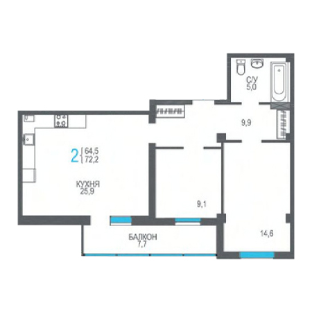 2 комнатная 72.2м²