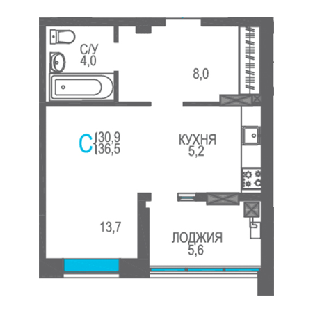 Студия 36.5м²