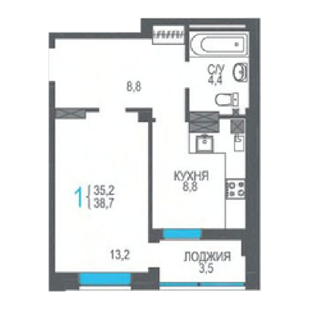 1 комнатная 38.7м²