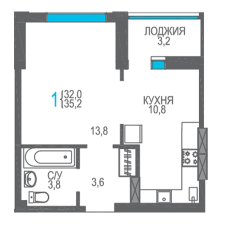 1 комнатная 35.2м²