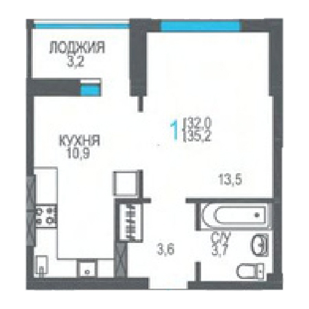 1 комнатная 35.2м²