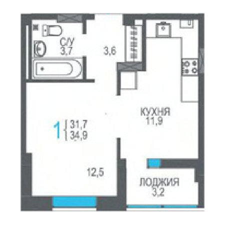 1 комнатная 34.9м²