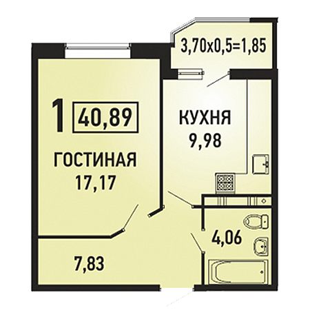 1 комнатная 40.89м²