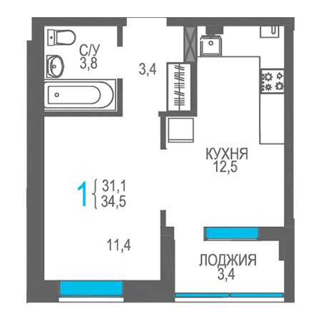 1 комнатная 34.5м²