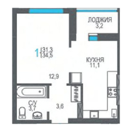 1 комнатная 34.5м²