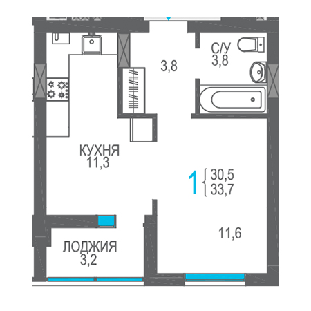 1 комнатная 33.9м²