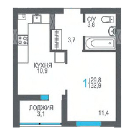 1 комнатная 32.9м²