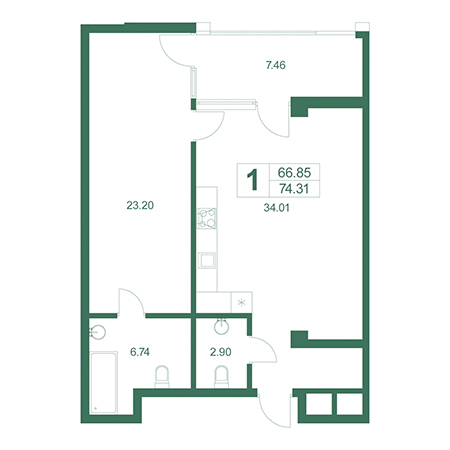 1 комнатная 74.31м²