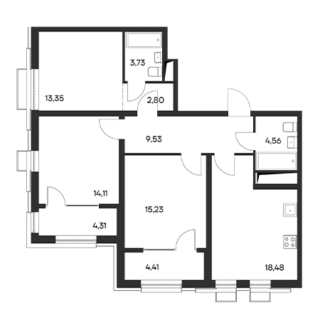 3 комнатная 90.51м²