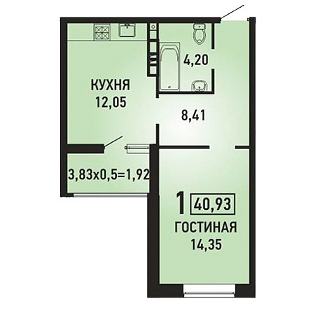 1 комнатная 40.93м²