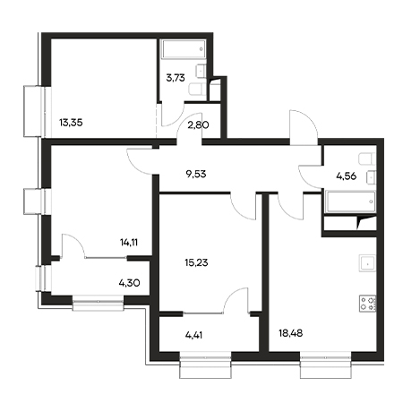 3 комнатная 90.5м²