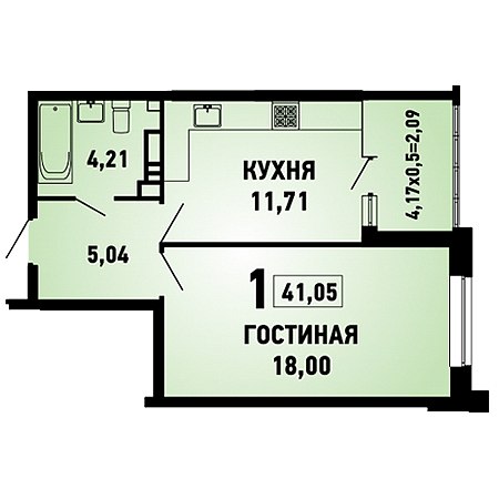 1 комнатная 41.05м²