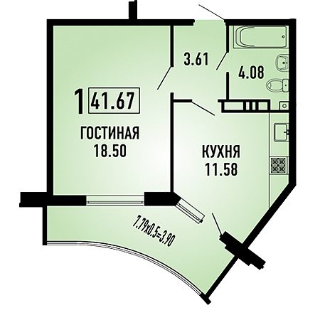 1 комнатная 41.67м²