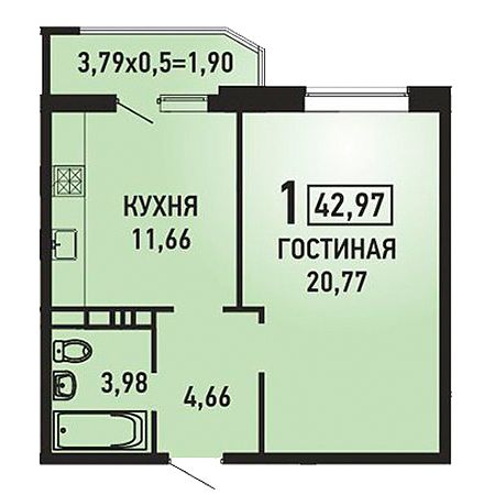 1 комнатная 42.97м²