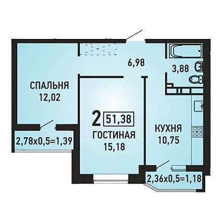 2 комнатная 51.38м²