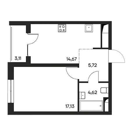 1 комнатная 45.25м²