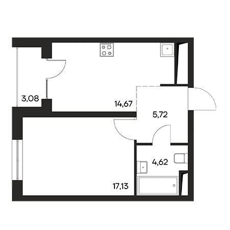 1 комнатная 45.22м²