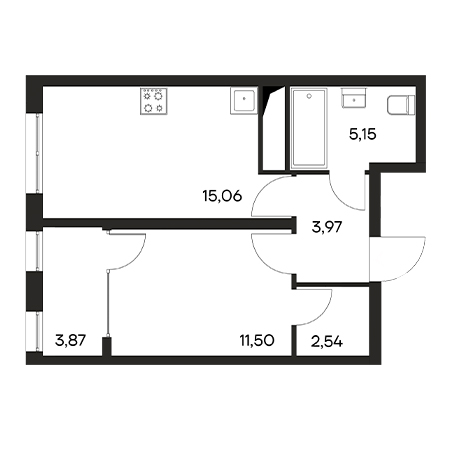 1 комнатная 42.09м²