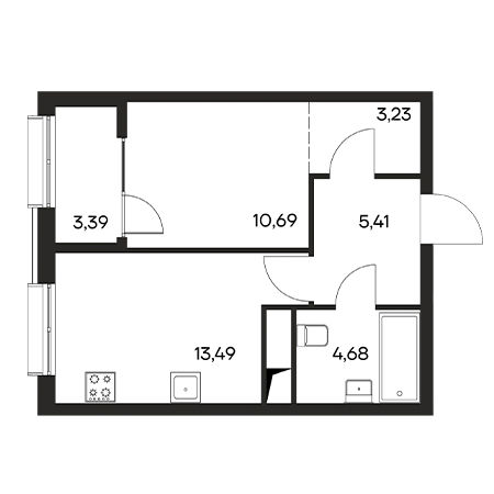 1 комнатная 40.89м²