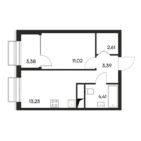 1 комнатная 38.04м²