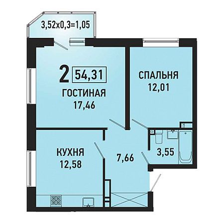 2 комнатная 54.31м²