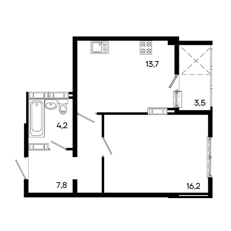 1 комнатная 45.4м²