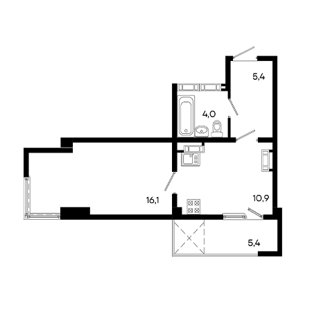 1 комнатная 41.8м²