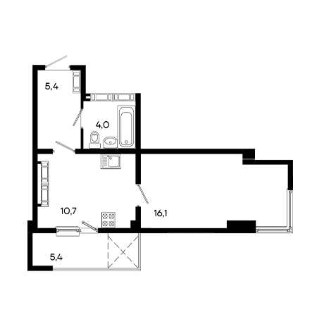 1 комнатная 41.6м²