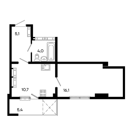 1 комнатная 41.3м²