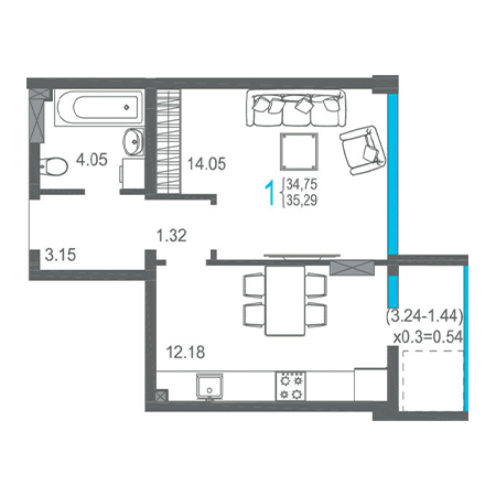 1 комнатная 35.29м²