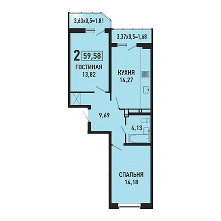 2 комнатная 59.58м²