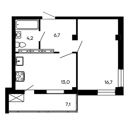 1 комнатная 47.7м²