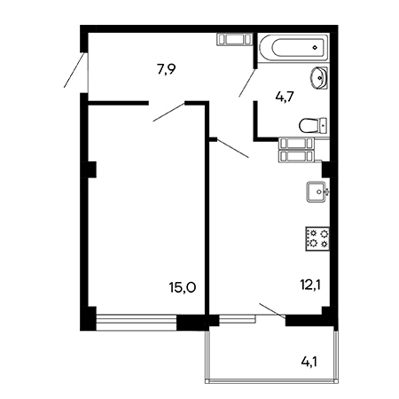 1 комнатная 43.8м²