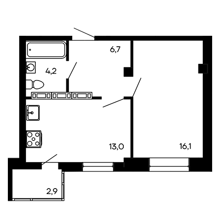 1 комнатная 42.9м²