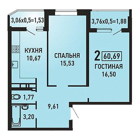 2 комнатная 60.69м²