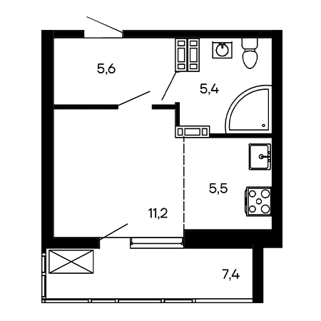 Студия 35.1м²