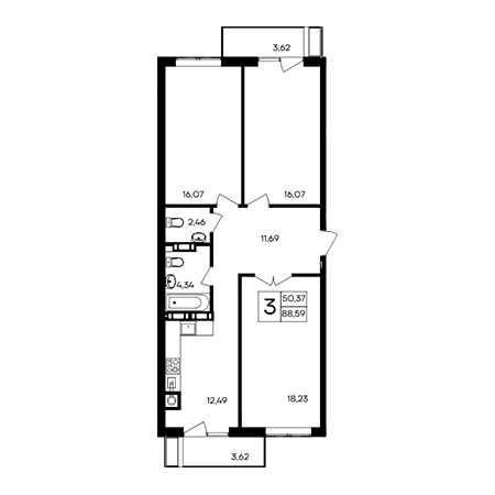 3 комнатная 88.59м²